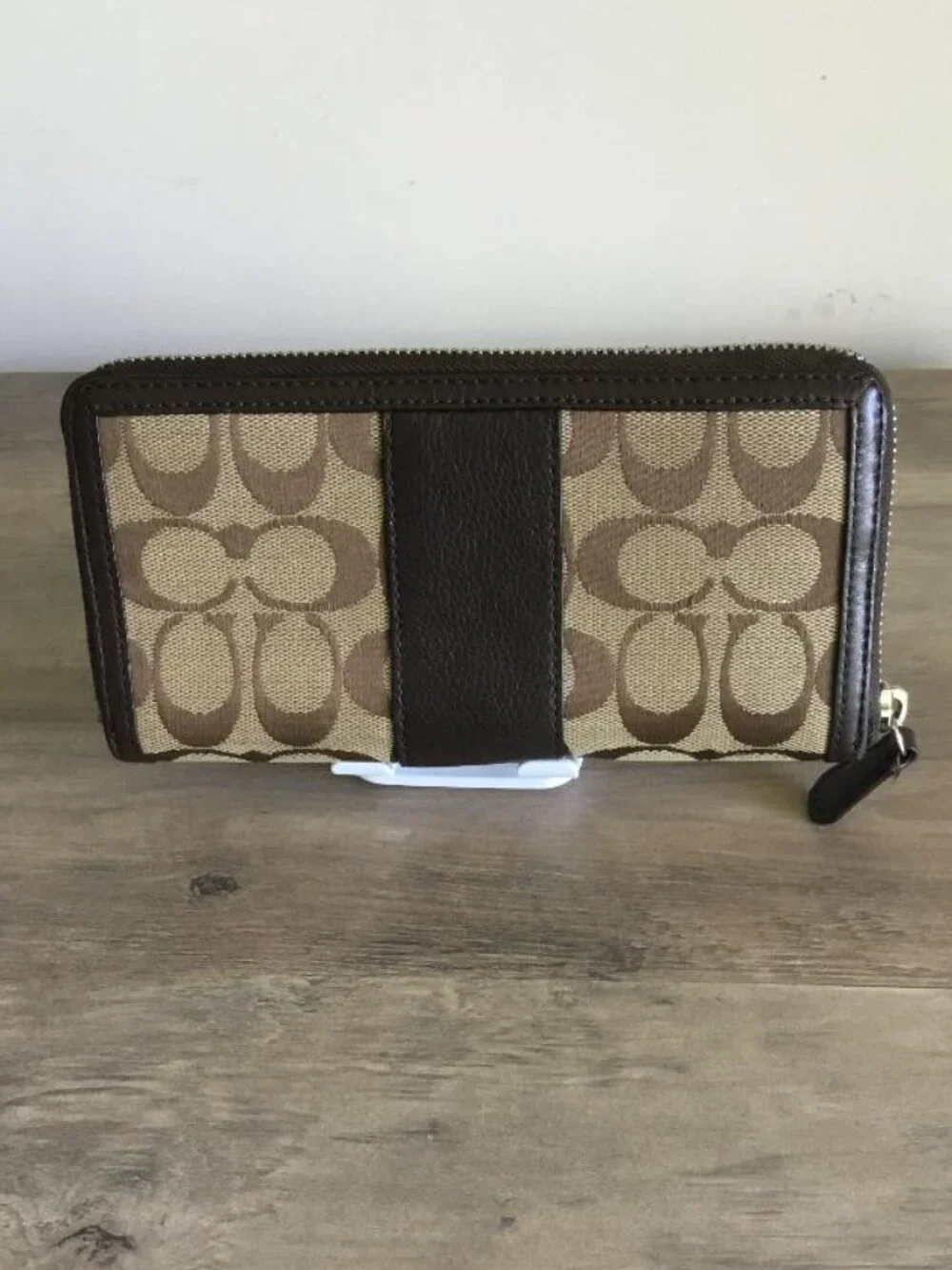 Coach Brown Accordion Large Zip Wallet Signature Monogram Canvas w/Leather Trim - Picture 5 of 7